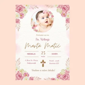 Pink Floral - Digitalna pozivnica za krštenje sa slikom